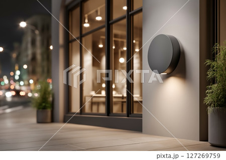 Modern Wall Lantern Illuminating a Contemporary Restaurant Exterior at Night Modern Wall Lantern Illuminating a Contemporary Restaurant Exterior at Night 127269759