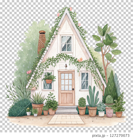 Charming Cottage with Greenery Potted Plants clipart white background 127270073