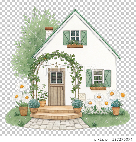 Charming Cottage with Greenery Potted Plants clipart white background 127270074