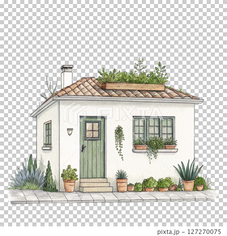 Charming Cottage with Greenery Potted Plants clipart white background 127270075