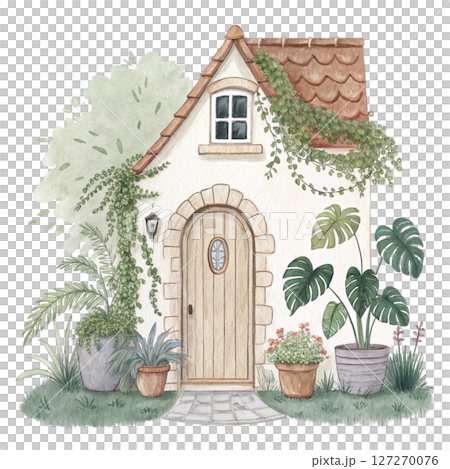 Charming Cottage with Greenery Potted Plants clipart white background 127270076