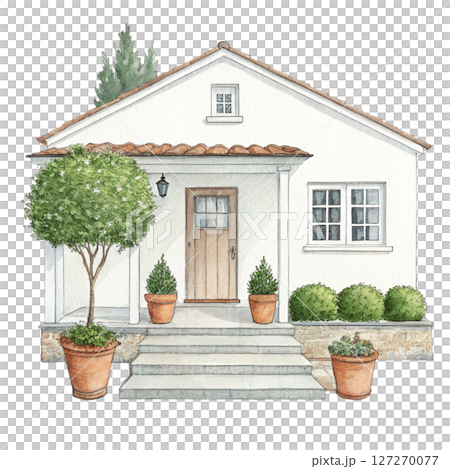 Charming Cottage with Greenery Potted Plants clipart white background 127270077