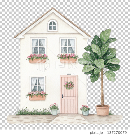 Charming Cottage with Greenery Potted Plants clipart white background 127270079