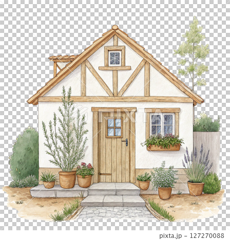 Charming Cottage with Greenery Potted Plants clipart white background 127270088