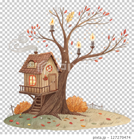 Quirky Autumn House Clipart Watercolor white background 127270474