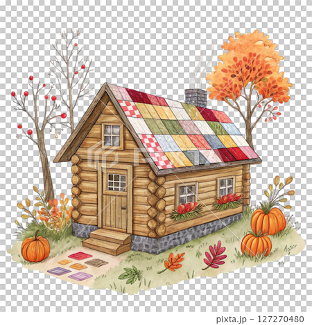 Quirky Autumn House Clipart Watercolor white background 127270480