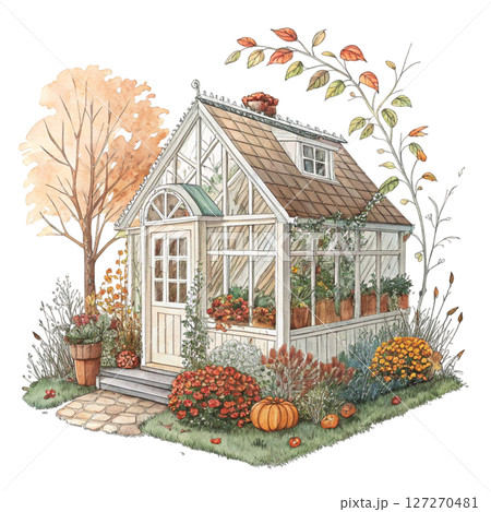 Quirky Autumn House Clipart Watercolor white background 127270481