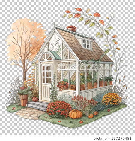 Quirky Autumn House Clipart Watercolor white background 127270481