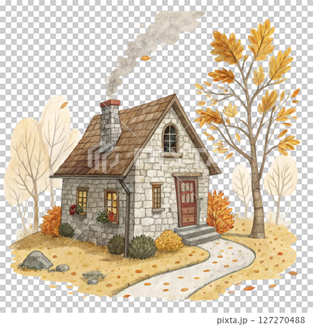 Quirky Autumn House Clipart Watercolor white background 127270488