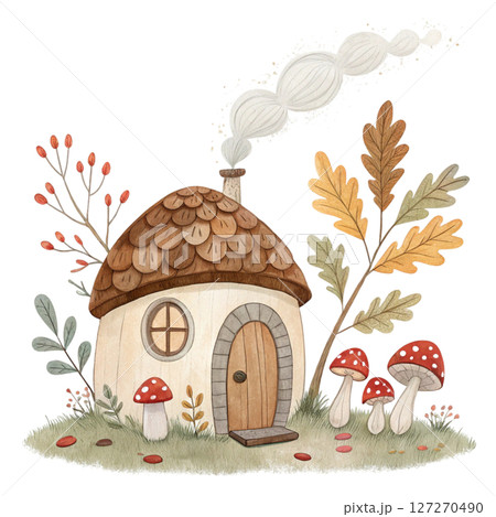 Quirky Autumn House Clipart Watercolor white background 127270490