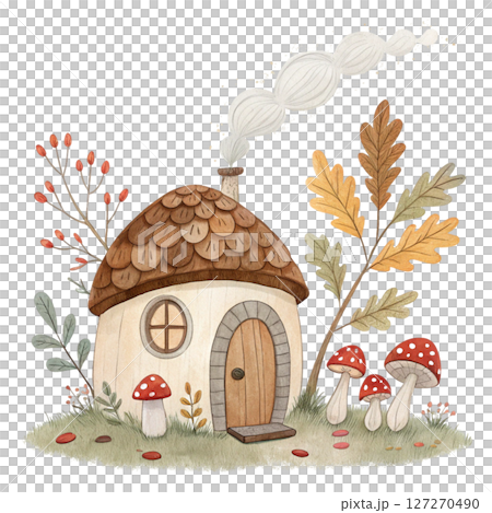 Quirky Autumn House Clipart Watercolor white background 127270490