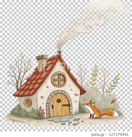 Quirky Autumn House Clipart Watercolor white background 127270491