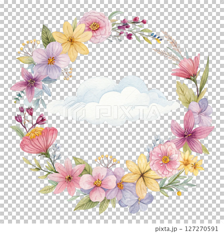 Summer Flowers Placed on a Cloud Clipart Watercolor white background 127270591