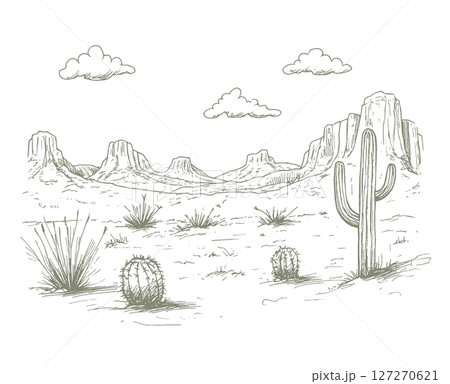 Wild West prairie desert with cactuses and mountains. Vintage cowboy scene. Wild West prairie desert with cactuses and mountains. Vintage cowboy scene. 127270621