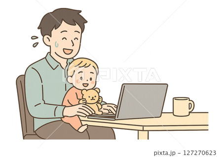膝上の子どもと仕事を両立し汗をかくテレワークパパ 127270623
