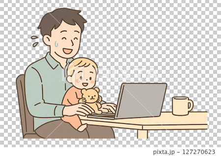 一位父親遠距辦公,一邊工作,一邊把孩子抱在懷裡 一位父親遠距辦公,一邊工作,一邊把孩子抱在懷裡 127270623