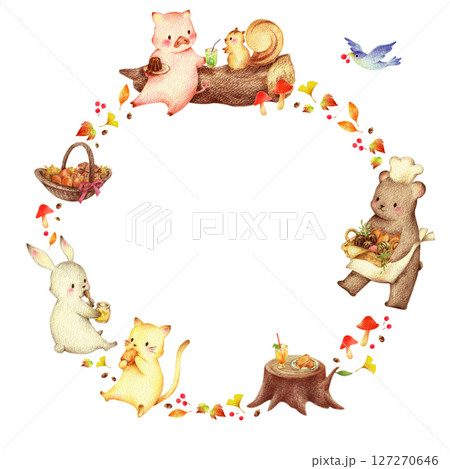 秋の落ち葉とスイーツを食べる動物たちとクマの店員の背景 手描き色鉛筆画 秋の落ち葉とスイーツを食べる動物たちとクマの店員の背景 手描き色鉛筆画 127270646