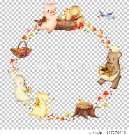 Background of autumn leaves, animals eating sweets, and a bear shop assistant. Hand-drawn colored pencil drawing 127270646
