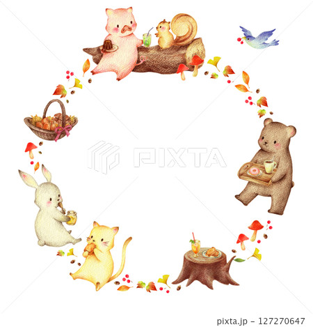 秋の落ち葉とスイーツを食べる動物たちの背景　手描き色鉛筆画 127270647