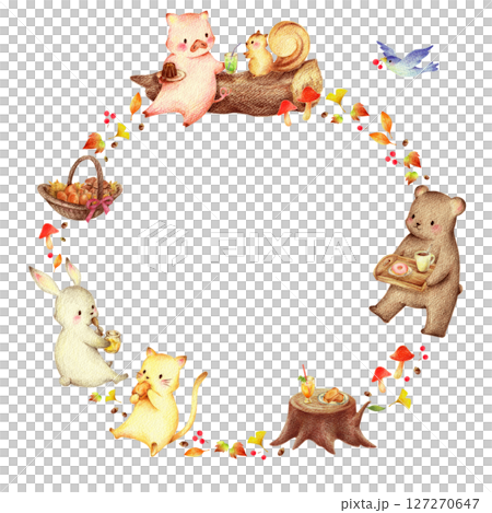 秋の落ち葉とスイーツを食べる動物たちの背景　手描き色鉛筆画 127270647