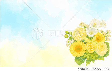 ブーケと水彩の背景素材｜やさしい黄色の花と空のイラスト 127270925