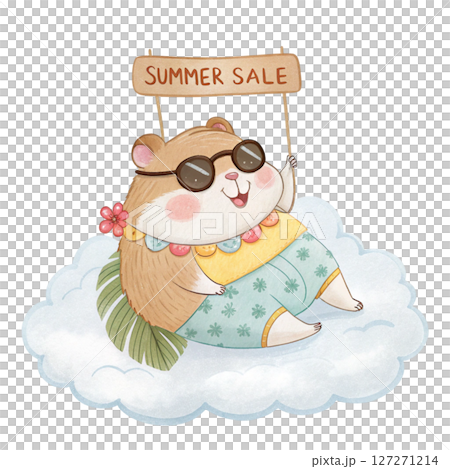 Cute Animal in Hawaiian Outfit on a Cloud  Sunglasses Summer Sale white background Cute Animal in Hawaiian Outfit on a Cloud  Sunglasses Summer Sale white background 127271214