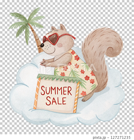 Cute Animal in Hawaiian Outfit on a Cloud  Sunglasses Summer Sale white background Cute Animal in Hawaiian Outfit on a Cloud  Sunglasses Summer Sale white background 127271235