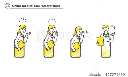 オンライン診療：スマートフォンから応答する女性医師　セット 2c 127271460