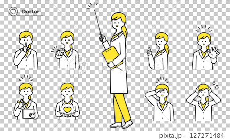 A woman in a white coat: Variations in facial expressions and poses, set 2c 127271484