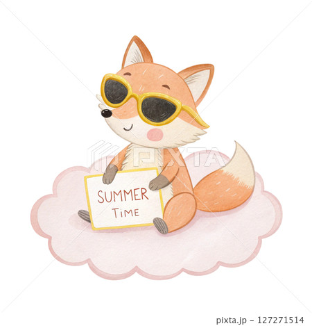 Cute Animal on a Cloud Sunglasses Summer Time Sign white background 127271514