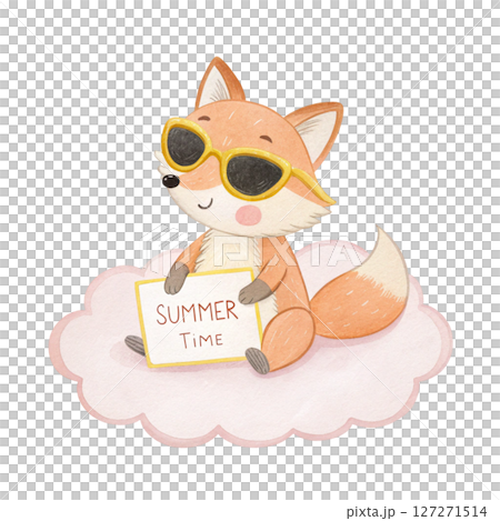 Cute Animal on a Cloud Sunglasses Summer Time Sign white background 127271514