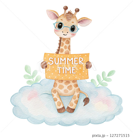 Cute Animal on a Cloud Sunglasses Summer Time Sign white background 127271515