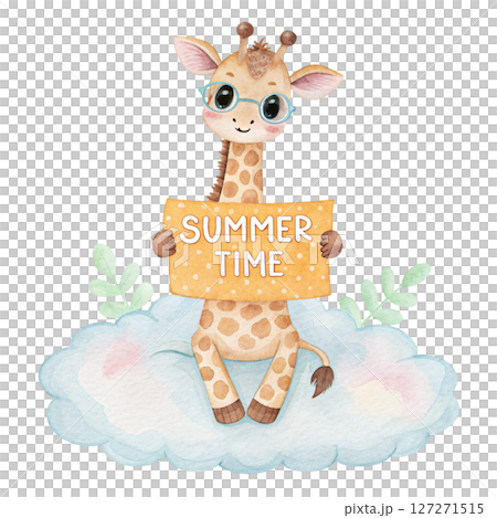 Cute Animal on a Cloud Sunglasses Summer Time Sign white background 127271515