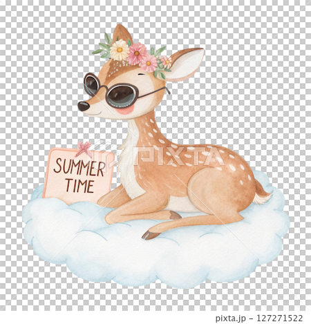 Cute Animal on a Cloud Sunglasses Summer Time Sign white background 127271522