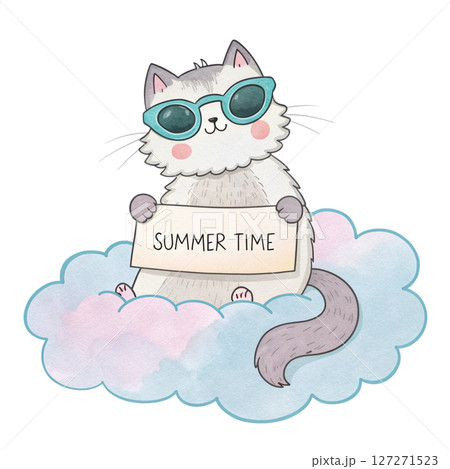 Cute Animal on a Cloud Sunglasses Summer Time Sign white background 127271523