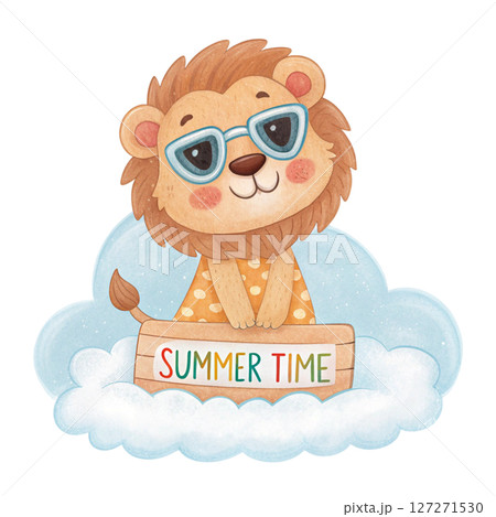 Cute Animal on a Cloud Sunglasses Summer Time Sign white background 127271530