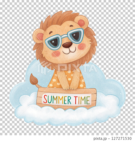 Cute Animal on a Cloud Sunglasses Summer Time Sign white background 127271530