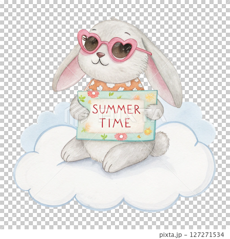 Cute Animal on a Cloud Sunglasses Summer Time Sign white background 127271534