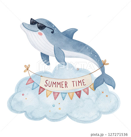 Cute Animal on a Cloud Sunglasses Summer Time Sign white background 127271536