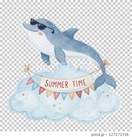 Cute Animal on a Cloud Sunglasses Summer Time Sign white background 127271536