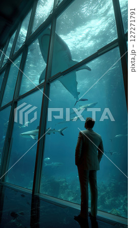 Man in suit stands before large shark aquarium glass tank observing sharks swimming gracefully Man in suit stands before large shark aquarium glass tank observing sharks swimming gracefully 127271791