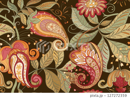 Fantasy flowers in retro, vintage, jacobean embroidery style. 127272359