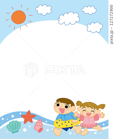 水着の子供と貝殻と青空のフレーム ベクター 127272900