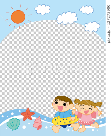 Children in swimsuits, seashells, and blue sky frame vector 127272900