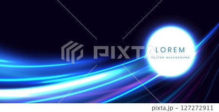 Circle glowing with blue and pink curved ray decoration on dark blue background. Hi-speed motion moving concept. 127272911