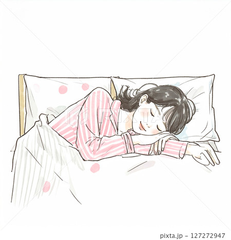 睡眠、眠る、ベッドで横になる女性 127272947