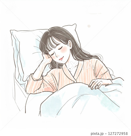 睡眠、眠る、ベッドで横になる女性 127272958