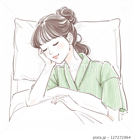 睡眠、眠る、ベッドで横になる女性 127272964