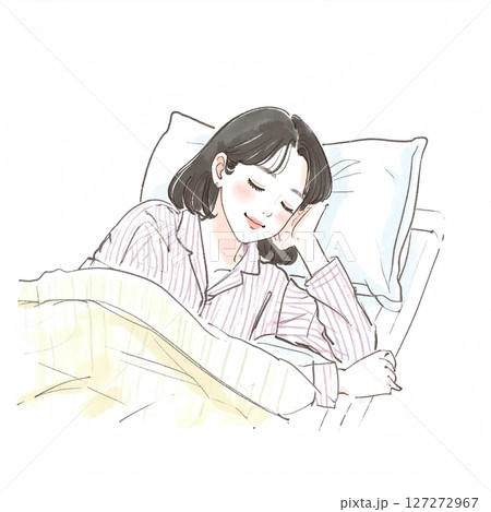 睡眠、眠る、ベッドで横になる女性 127272967