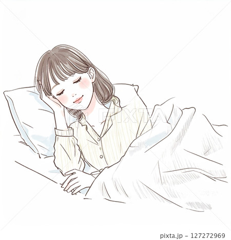 睡眠、眠る、ベッドで横になる女性 127272969